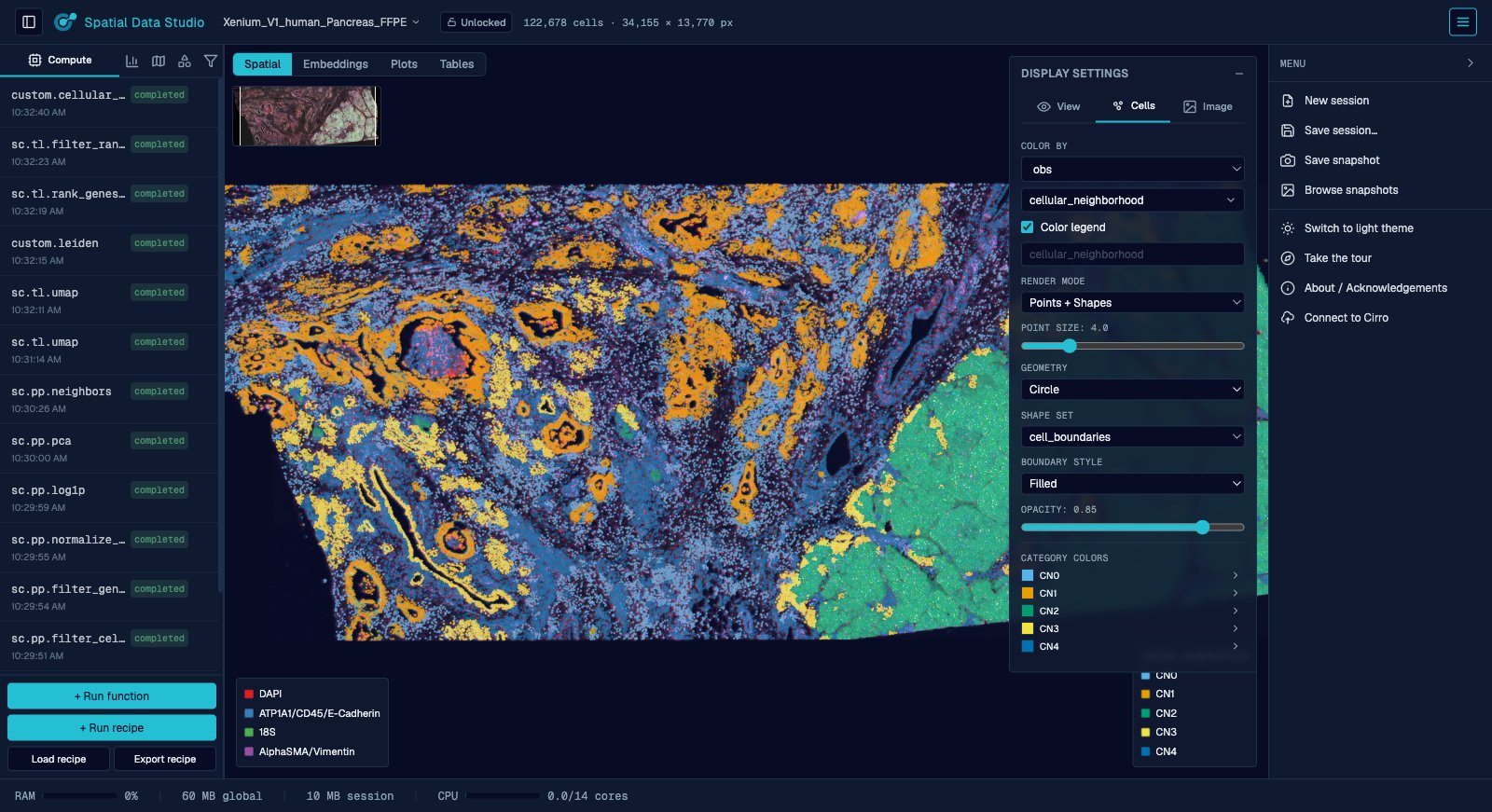 The display settings panel, organised into View, Cells, and Image icon tabs: layer visibility, color by, render mode, point size, plot orientation, zoom, minimap, image selection, plot backdrop, and per-channel image color/contrast.