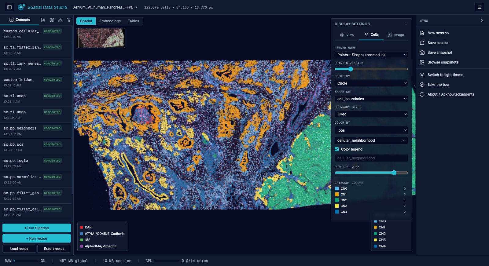 The display settings panel, organised into View, Cells, and Image icon tabs: layer visibility, color by, render mode, point size, plot orientation, zoom, minimap, image selection, plot backdrop, and per-channel image color/contrast.