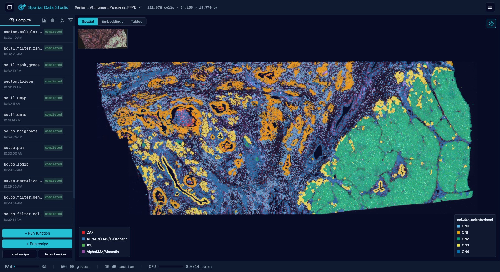 The spatial canvas showing a Xenium ovarian-cancer section, each cell colored by its cellular neighborhood, over the morphology image, with the left panel open on the Compute (history) tab.