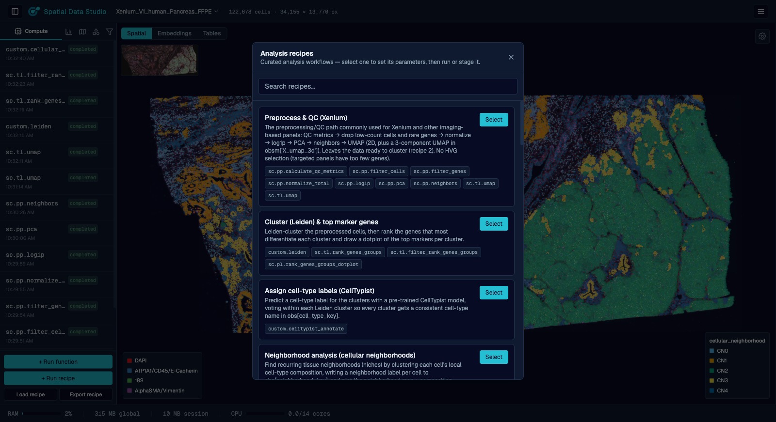 The recipe gallery listing curated multi-step analysis workflows.
