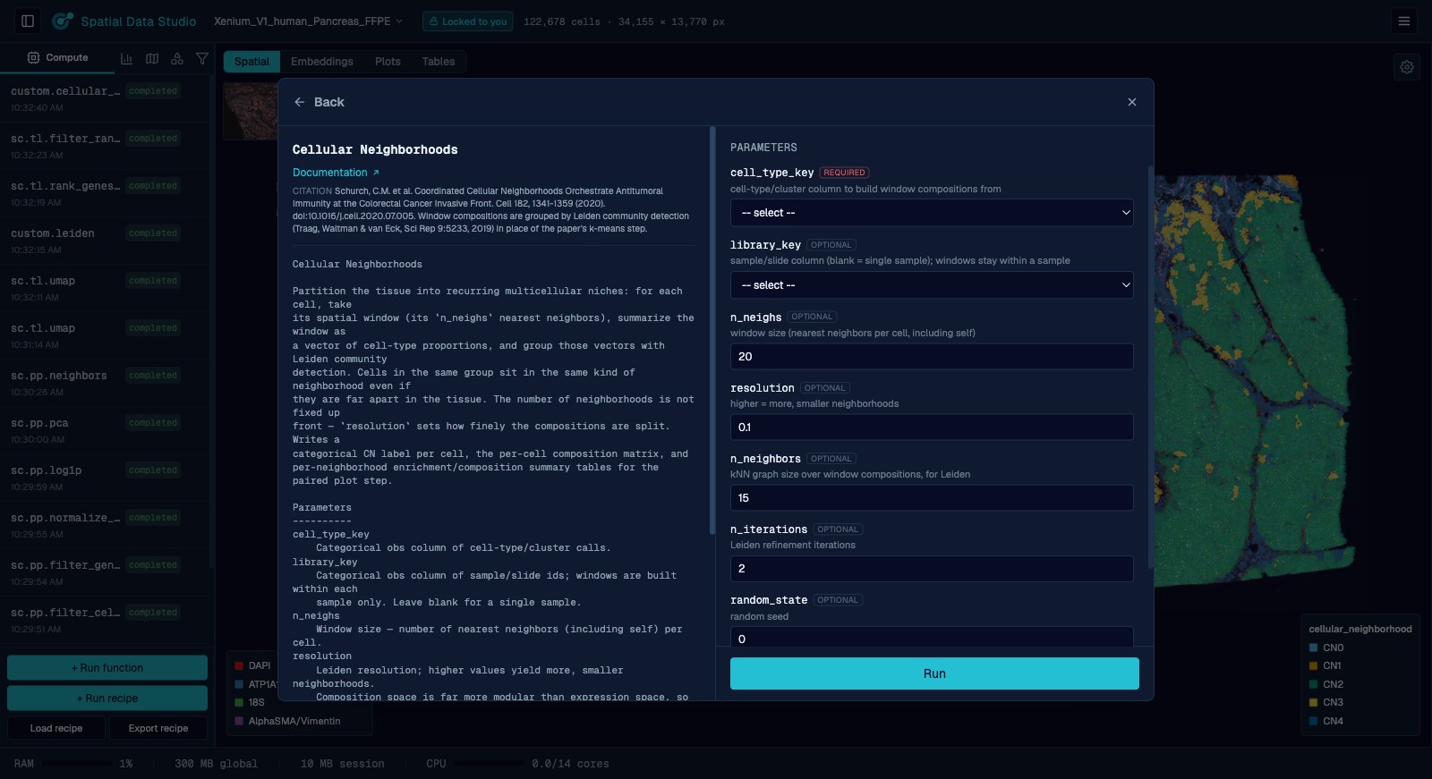 The Cellular Neighborhoods function detail: its documentation, citation, and a parameter form generated from the function signature.